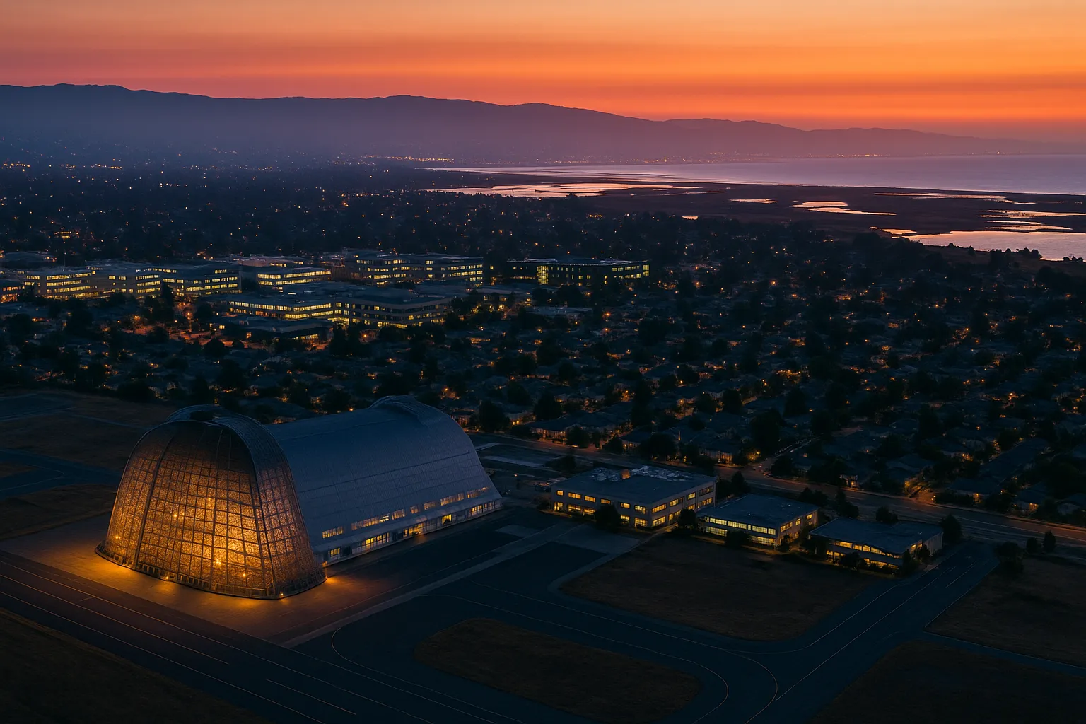 Aerial dusk shot of Mountain View capturing Hangar One’s distinctive curved hangar at Moffett Field illuminated softly in the foreground, Google’s campus buildings aglow behind, and shoreline wetlands merging into Santa Cruz Mountains under a twilight sky.